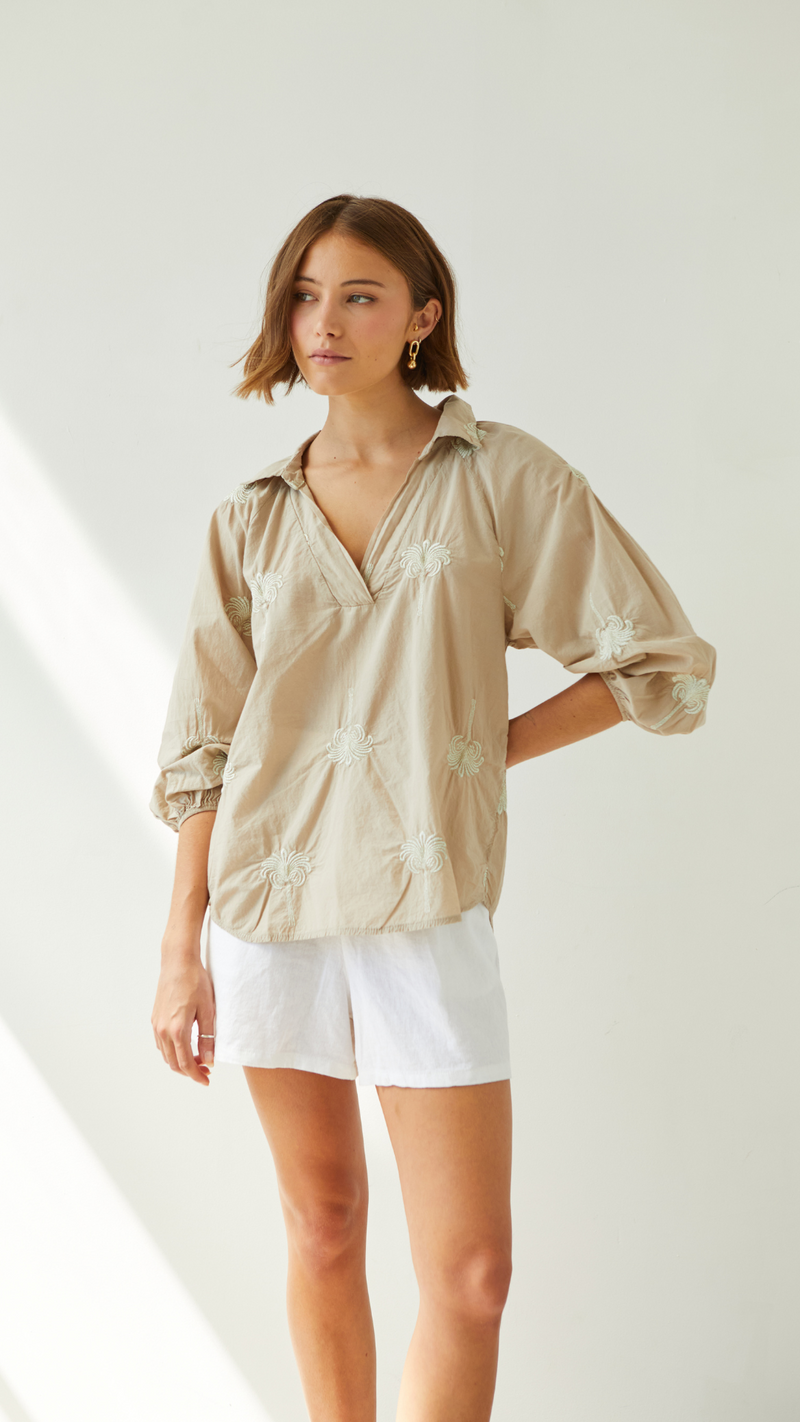 MIRELLE EMBROIDERED TOP - LIGHT TAUPE