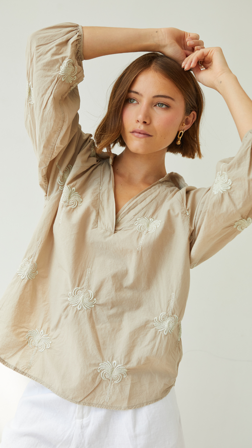 MIRELLE EMBROIDERED TOP - LIGHT TAUPE