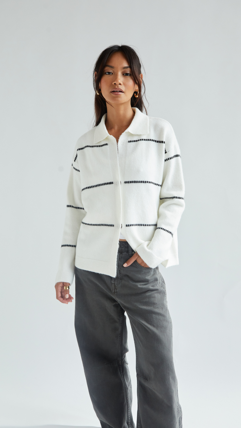 CLARA CONTRAST STITCH CARDIGAN - IVORY BLACK