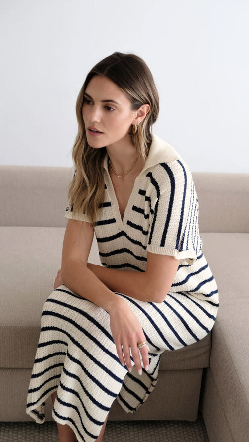 ERIN KNIT DRESS - ECRU NAVY STRIPES