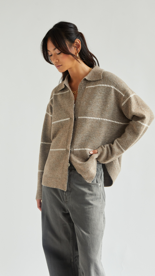 CLARA CONTRAST STITCH CARDIGAN - SAND IVORY