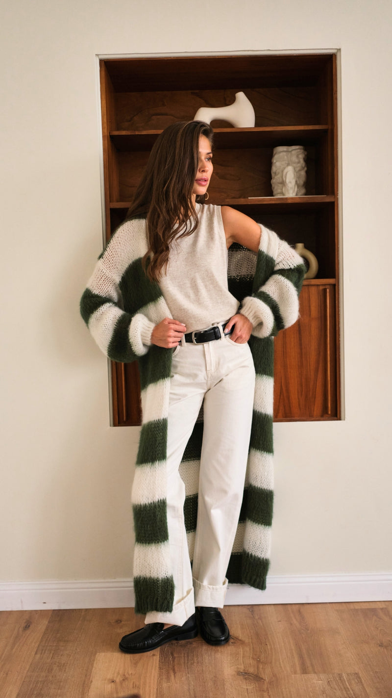 KAY CARDIGAN - KHAKI OFF - WHITE STRIPES