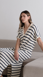 ERIN KNIT DRESS - ECRU NAVY STRIPES