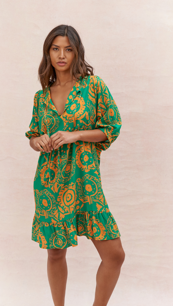 MICHELLE DRESS - GREEN ORANGE PRINT