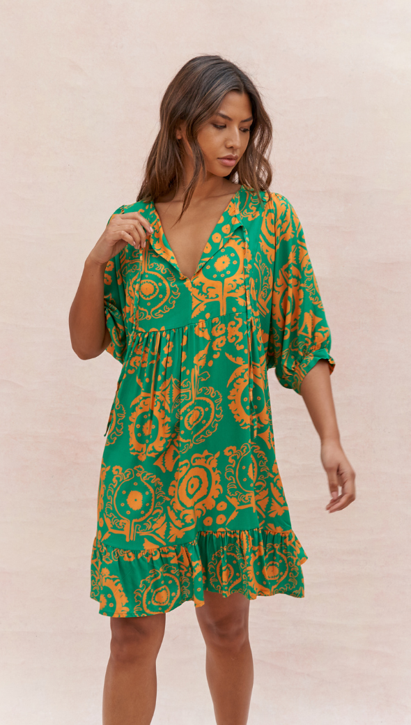 MICHELLE DRESS - GREEN ORANGE PRINT