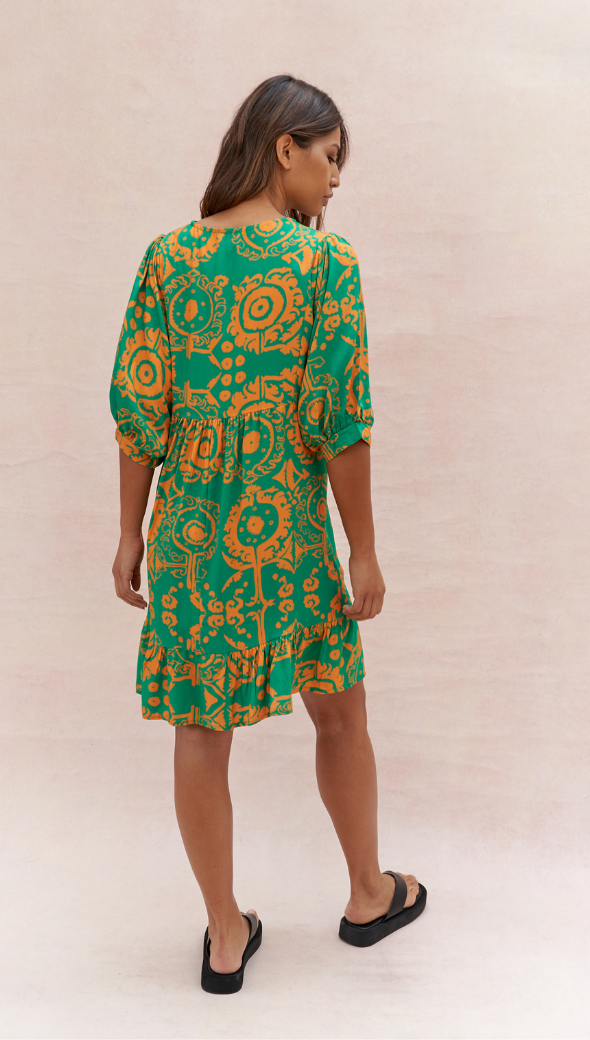 MICHELLE DRESS - GREEN ORANGE PRINT