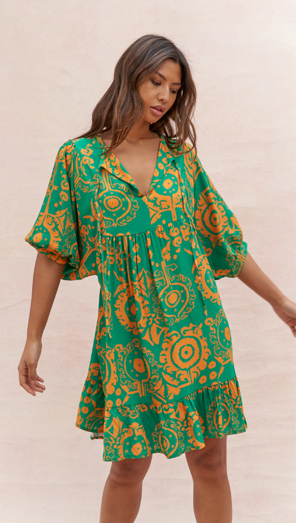 MICHELLE DRESS - GREEN ORANGE PRINT