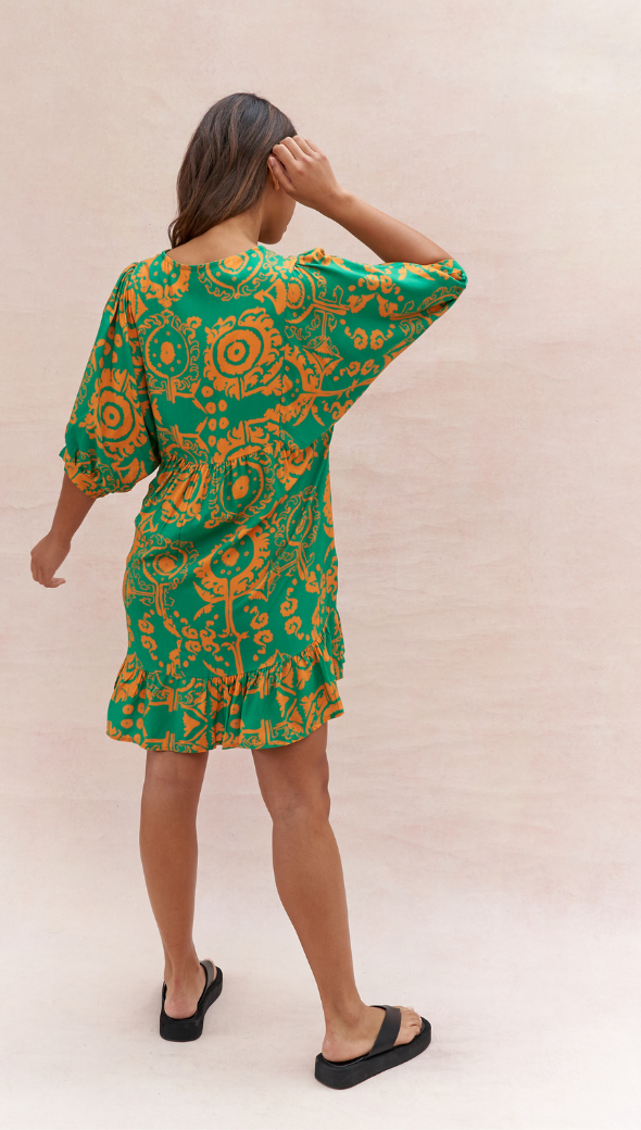 MICHELLE DRESS - GREEN ORANGE PRINT