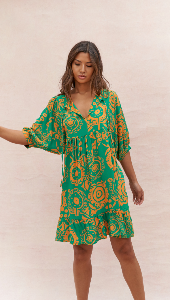 MICHELLE DRESS - GREEN ORANGE PRINT