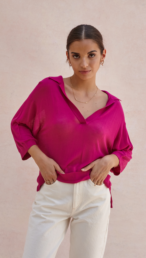 RAMONA KNIT POLO SHIRT - FUCHSIA